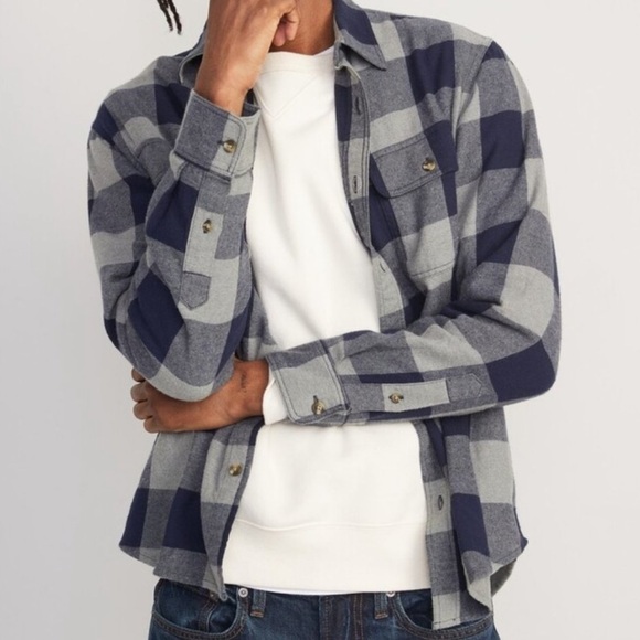 NWT! Navy & Gray Regular-Fit Plaid Double-Brushed Flannel Shirt for Men - Medium - Picture 2 of 2